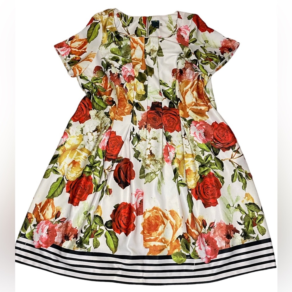 Gabby Skye White Floral Fit-and-Flare Dress with Red, Yellow & Pink Blooms
